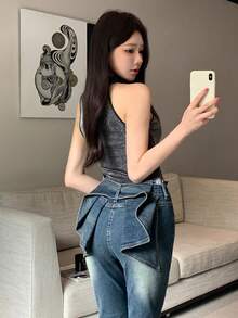 DAZY 女款對比色口袋高腰喇叭褲時尚牛仔褲 深藍色 夏季街頭風 朋克 90年代 Y2K 約會外穿 - 藍色 - 查看 4