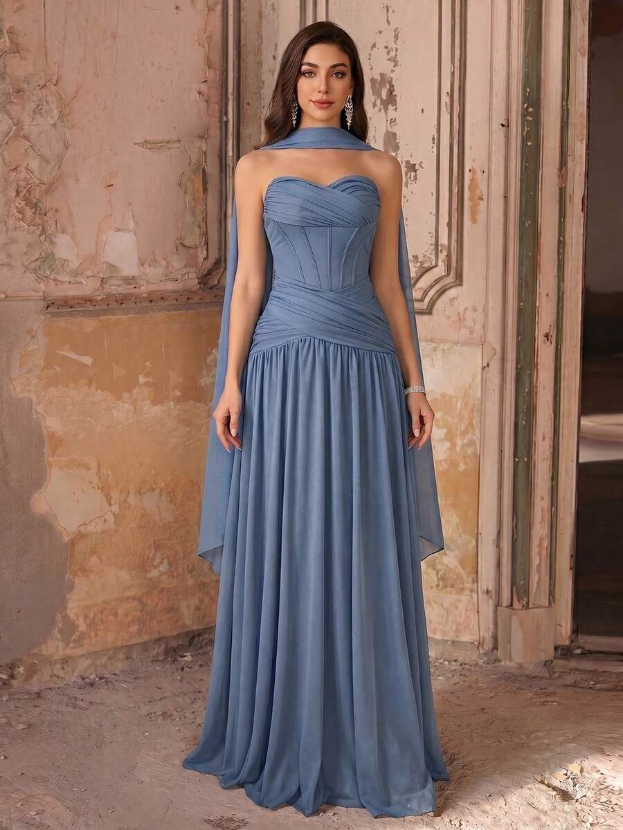 Coutiva 女士纯色褶皱无肩带荷叶边设计优雅正式晚礼服