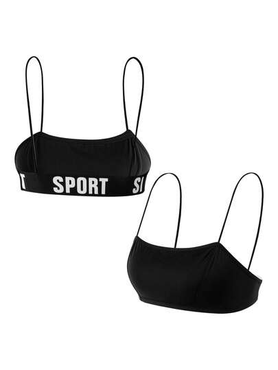 Rest Era Black Spaghetti Strap Casual Sports Bra With Letter Elastic, Backless Design For Daily Wear