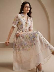 Anewsta Tall Spring/Summer Elegant Style Light Apricot High-End Positioning Printed Short Sleeve Cinched Cinched Waist-Front Shirt-Style Long Dress For Women - Multicolor - View 7
