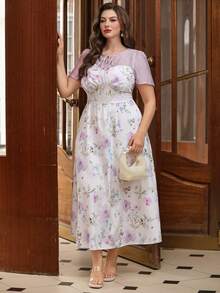 SHEIN Clasi Plus Size Women's French Floral Patchwork White Summer Elegant Wedding Tea Party Maxi Dress,Mesh Puff Sleeve Tie-Front Retro Chiffon Date Holiday - Multicolor - View 4