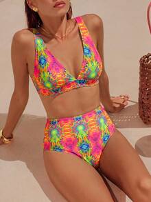 Swim Vcay 2026 Spring/Summer Colorful Random Print Deep V-Neck Side High Waist Backless Tie Bikini 2-Piece Set For Women - Multicolor - View 3
