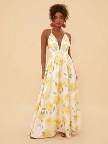 Travachic Mother's Day Tropical Floral Printed Spaghetti Strap Backless Dresses For Women,White And Yellow Summer Boho Garden Party Holiday Beach Rave Festival - Pale Yellow - View 4