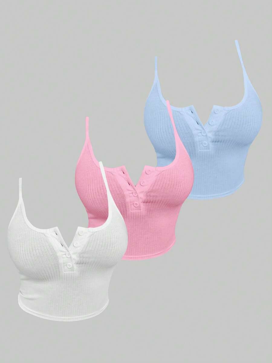 Femesol 3pcs Atasan Wanita Polos Kasual Kancing Setengah Plaket, Putih, Merah Muda Lembut, Biru Muda, Pakaian Sehari-hari Musim Panas - MultiWarna - View 1