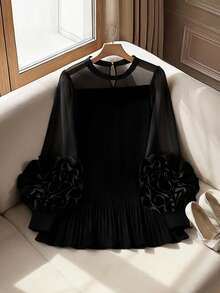 SHEIN CURVE+ Plus Size Women Elegant Versatile 3D Flower Pleated Blouse - Black - View 3