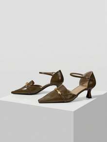 Mnmlis Spring Elegant Commuter Dating Small Square Heel Hollow Shoes - Dark Green - View 2