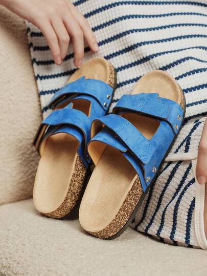 Solecia Women's Flat Sandals, Retro Sapphire Blue Imitation Suede Slippers, Adjustable Cross-Band Design, Silver Rivet Decoration, Thick Sole, Imitation Suede Insoles, Comfortable Commuting And Shopping, Versatile Outside Sandals