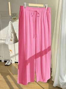 Comfortcana Pantalones anchos casuales de verano para mujer talla grande, de unicolor con cordón en la cintura - Rosa Fucsia - Ver 13