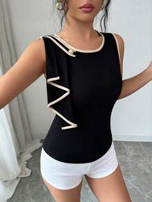 Lyxana 新款女士撞色圆领荷叶边腰身优雅小众设计奢华通勤百搭年轻女士衬衫 - 黑色 - 查看 7