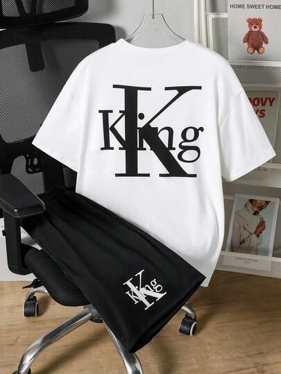 SHEIN 2pcs/Set Teenage Boys' Summer Casual Outdoor Letter Print Round Neck Short Sleeve T-Shirt And Sports Running Shorts