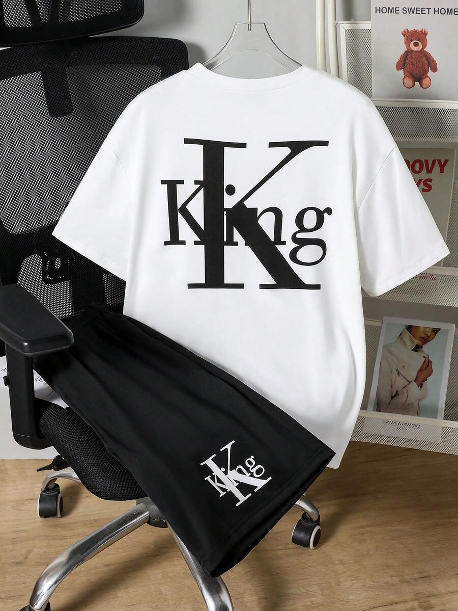 SHEIN 2pcs/Set Teenage Boys' Summer Casual Outdoor Letter Print Round Neck Short Sleeve T-Shirt And Sports Running Shorts - Black and White - View 1