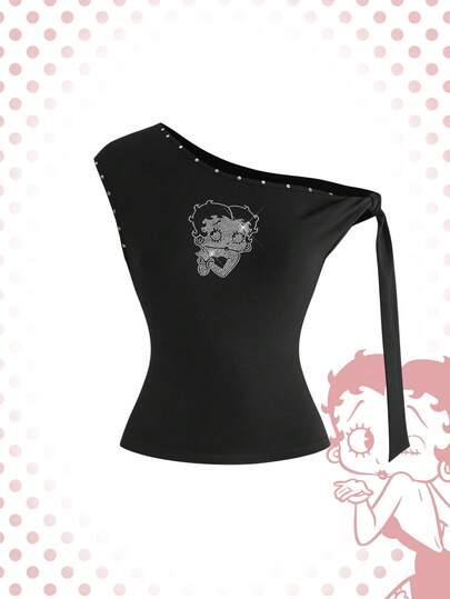 Betty Boop | ROMWE 卡通人物水钻装饰不对称无袖荷叶边设计女式T恤，适合夏季和校园穿着