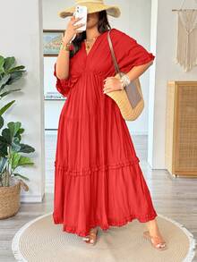 Vionelle Vestido regular con volantes y unicolor de estilo francés, talla grande, primavera/verano - Rojo - Ver 6