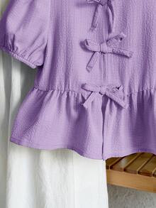 SHEIN LMoss Kids 少女休閒素色圓領短袖套頭上衣 - 紫色 - 查看 4
