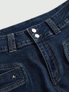 ROMWE Grunge Punk Vintage Distressed Skull Studded Plus Size Women Denim Shorts - Blue - View 3