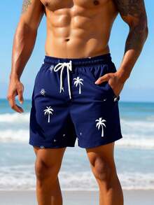 Manfinity KASUA Men's Casual Coconut Tree Print Pocket Drawstring Waist Beach Shorts, Holiday - Navy Blue - View 7