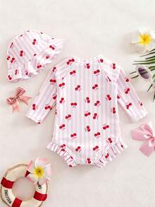 SHEIN Bộ đồ bơi liền thân xếp nếp hình quả anh đào dễ thương cho bé gái sơ sinh - Màu Hồng baby - Xem 2