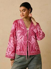 Travachic Plus Size Women Palm Tree Print Front Tie Shirt - Pink - View 3