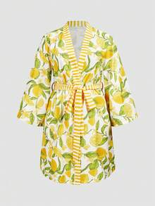 Chillnights Plus Size Casual Contrast Color Lemon Lemon Print Tie-Front Loose Comfortable Woven Robe Autumn - Multicolor - View 1