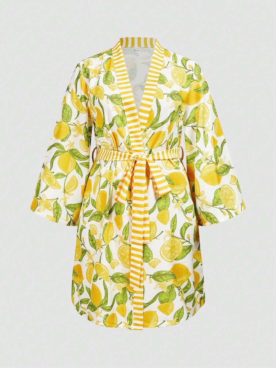 Chillnights Plus Size Casual Contrast Color Lemon Lemon Print Tie-Front Loose Comfortable Woven Robe Autumn - Multicolor - View 1