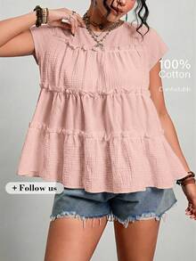 Freevana Plus Size Women's Solid Color Round Neck Pleated Casual Versatile Daily Wear Blouse - Dusty Pink - View 1