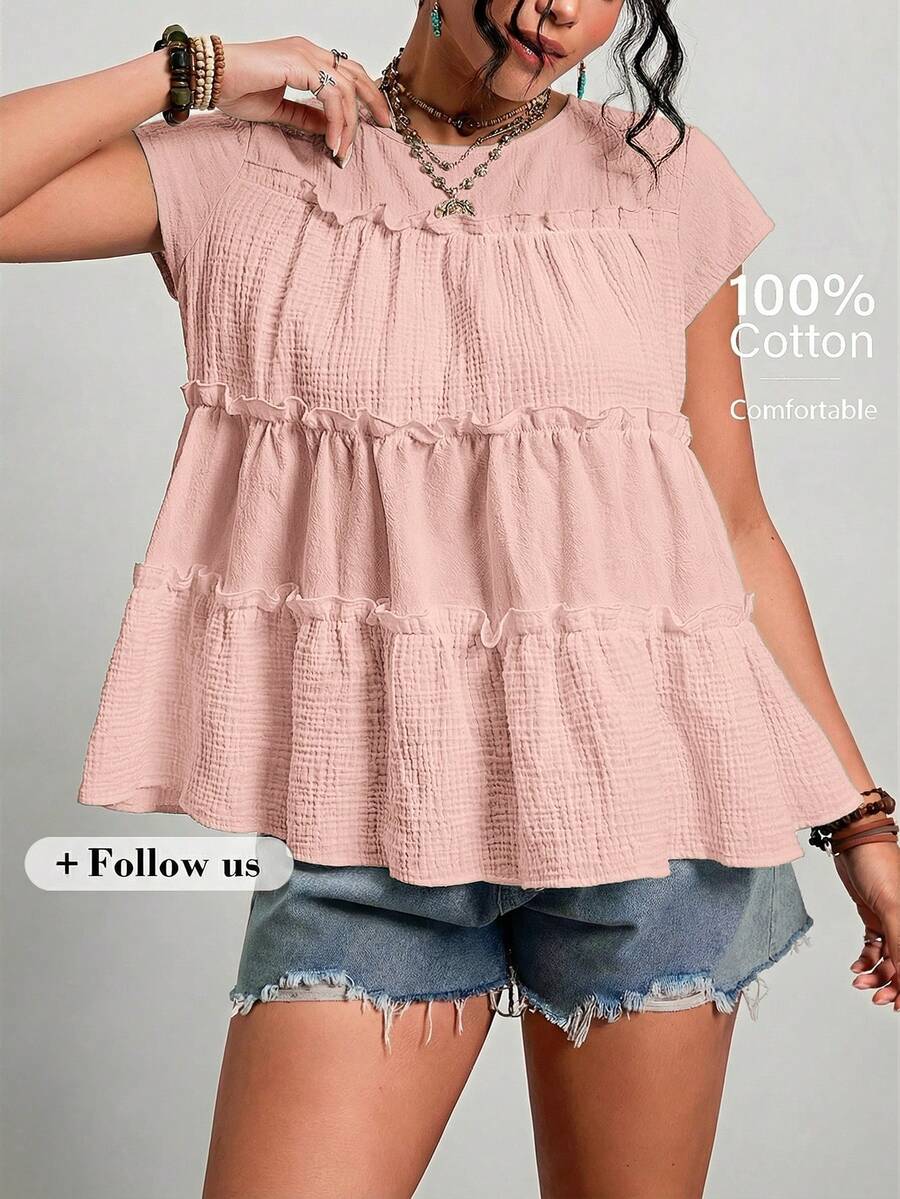 Freevana Plus Size Women's Solid Color Round Neck Pleated Casual Versatile Daily Wear Blouse - Dusty Pink - View 1