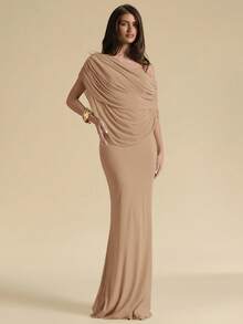 SHEIN BAE Khaki Off-Shoulder Ruched Fitted Elegant Dress, Tight Fitted Elegant Dress, Flowing Dress Dinner Date Summer - Khaki - View 4