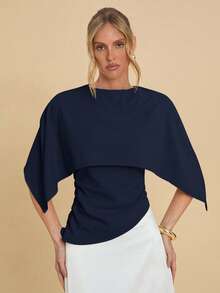 COSMINA Women's Solid Color Casual Versatile Daily Wear Shirt,Summer Top - Navy Blue - View 4