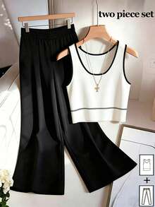 SHEIN Franclia Women's Casual Round Neck Sleeveless Fitted Wide Leg Pants Outdoor Holiday Travel Daily Wear 2 Pieces Set Vacation White Black Summer - Black - View 3