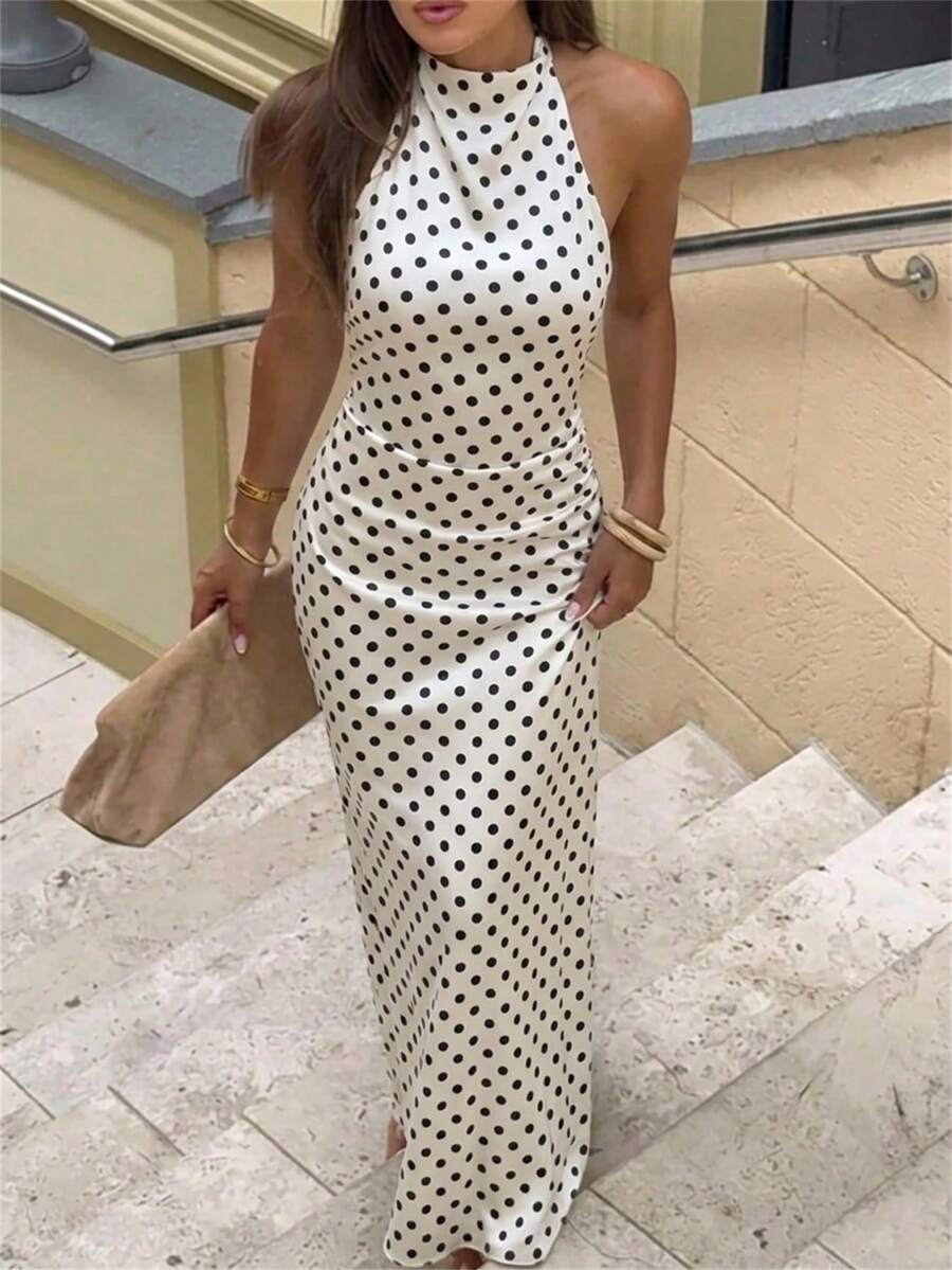 Aloruh 女款白色與黑色波點垂領繫腰露背長洋裝，夏季婚禮派對賓客優雅穿搭，度假海島穿搭，陽光 - 彩色 - 查看 1