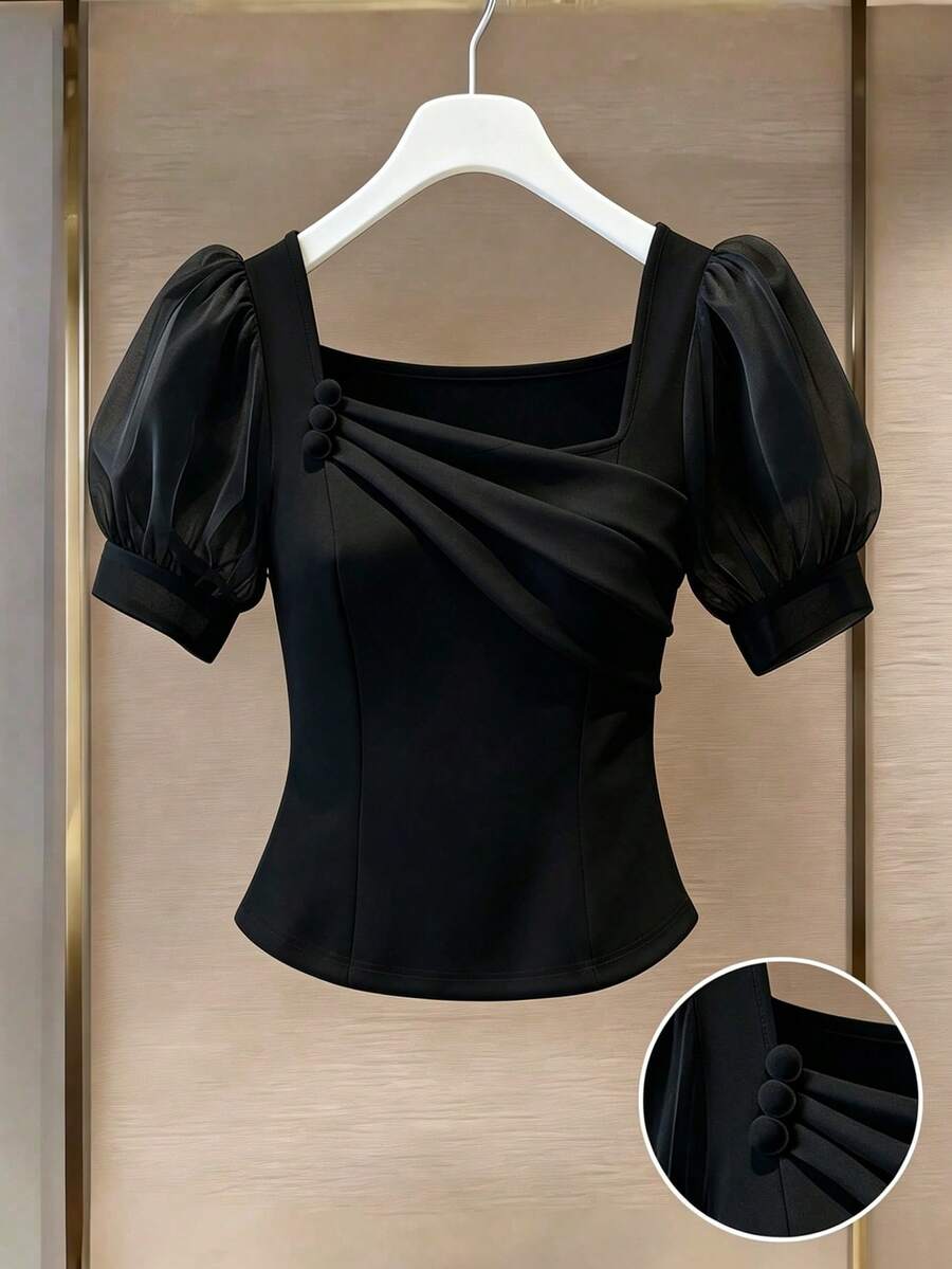 Qadelle Women's High-End Satin & Satin Patchwork Evening Dress, Formal Banquet French Style Blouse, Spring/Summer - Black - View 1