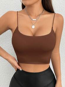 SHEIN PETITE Women's Solid Color Minimalist Casual Tank Top,Summer Top - Brown - View 9