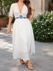 Lacomfia Plus Size Women's Contrast Lace Deep V Elegant Dress - White - View 5