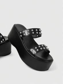 ROMWE Grunge Punk Sandalias negras de verano con puntera abierta, con cristales brillantes, estilo gótico Y2K para mujeres, sandalias de plataforma transparente con cuña dulce, para Halloween - Mate negro - Ver 5