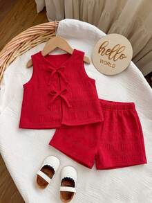Babygirl Cute Summer Pink Striped Bow Decor Camisole & Elastic Waist Shorts Set - Red - View 3