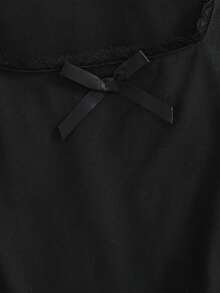 Tween Girl Contrast Lace Bow Decor Short Sleeve Cropped T-Shirt - Black - View 6