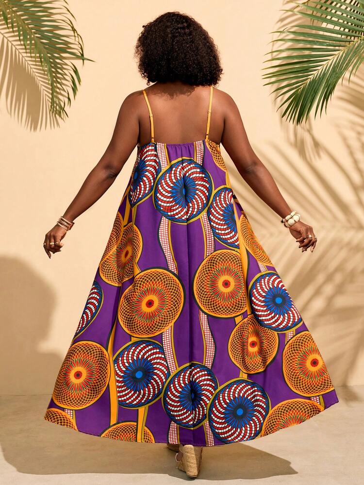 Plus Size Women Geometric Print Casual Party Slip Dress