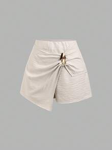 Sweetra Women White Glitter Summer Elegant Casual Sequin Brunch Vacation Shorts,Korean Style Twist Knot Metal Buckle Asymmetric Hem Textured Anti-Flashing - Apricot - View 3
