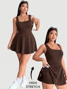 GalTyme Jumpsuit Tanpa Lengan Warna Polos dengan Kantong untuk Wanita Ukuran Besar, Pakaian Satu Potong, Kuning - Coffee Brown - View 1
