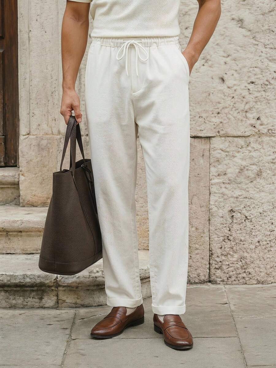 AKNOTIC Quần dài nam dáng suông dệt trơn màu trơn, chất liệu giả linen, phong cách thường ngày, đi học, mùa thu, linen, đi du lịch, quà tặng Ngày của Cha - Cocoa - Xem 1