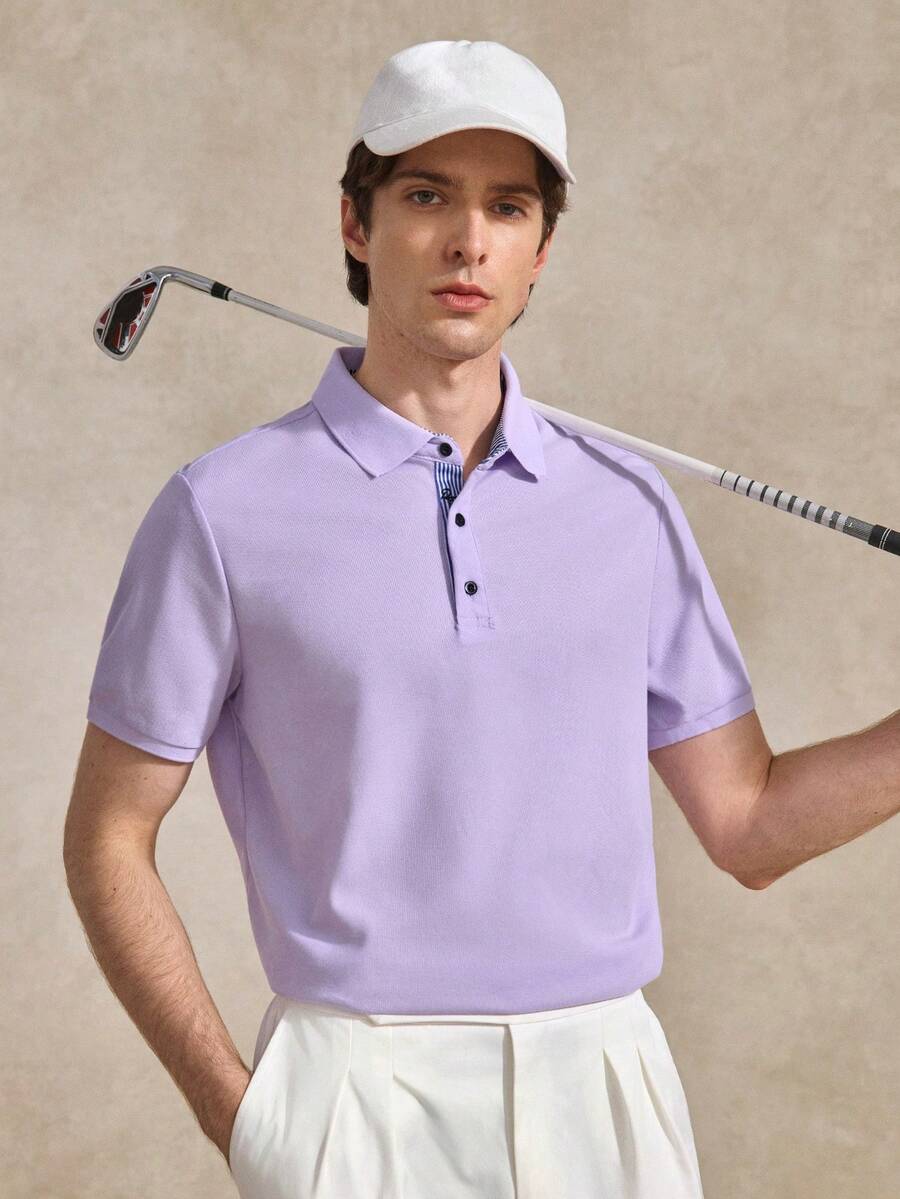 Courvante 男士條紋短袖休閒通勤 Polo 正裝襯衫,適合網球與高爾夫男友 - 淡紫色 - 查看 1