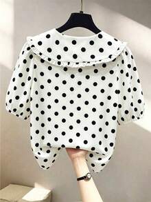 Franclia Fashionable Daily Versatile Peter Pan Collar Petal Sleeve Single-Breasted Loose Women's Blouse - Black and White - View 2