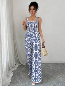 SHEIN Raffinéa Women's Vacation Printed Sleeveless Jumpsuit - Blue - View 3