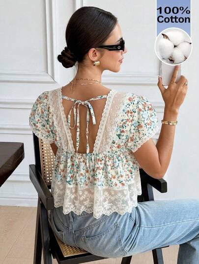 Serisse Damen Sommer Urlaubs Ditsy Blumen Kontrast Mesh Rückenfreie Schleife Bluse