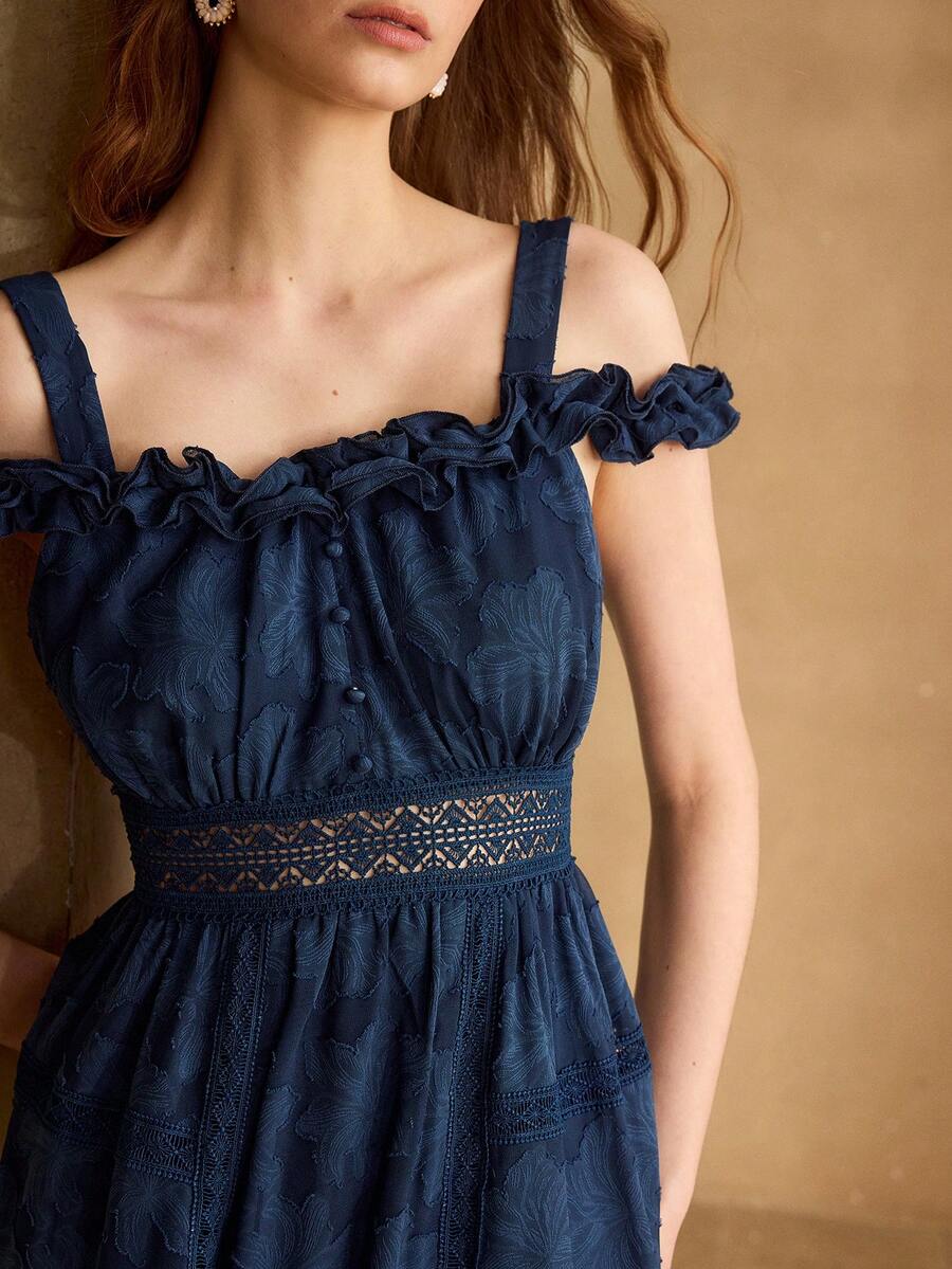 MOTF PREMIUM ELEGANT ROMANTIC VINTAGE FRENCH STYLE HIGH-END JACQUARD PATCHWORK LACE COLD-SHOULDER DRESS FOR WOMEN, SPRING/SUMMER - Navy Blue - View 1