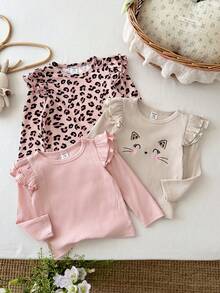SHEIN LMoss Kids Conjunto de 3 piezas para bebé niña, top casual de punto de color liso con estampado de leopardo y patrón lindo, cuello redondo y bajo con volantes, estilo grueso, adecuado para otoño/invierno - Multicolor - View 7