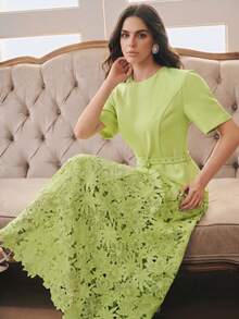 Anewsta French Elegant Round Neck Short Sleeve Water-Soluble Lace Patchwork A-Line Dress For Women Graduation College Light Green Summer - Green - View 1
