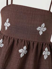 SHEIN 青少年女孩花卉刺繡荷葉邊細肩帶上衣與長褲休閒套裝 熱帶風 日常度假款 棕色系 夏季 - 咖啡棕 - 查看 13