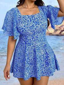 Swim Lushoire Plus Size Women's Pink Ditsy Floral Short Sleeve Tankini Swimsuit - Multicolor - View 6