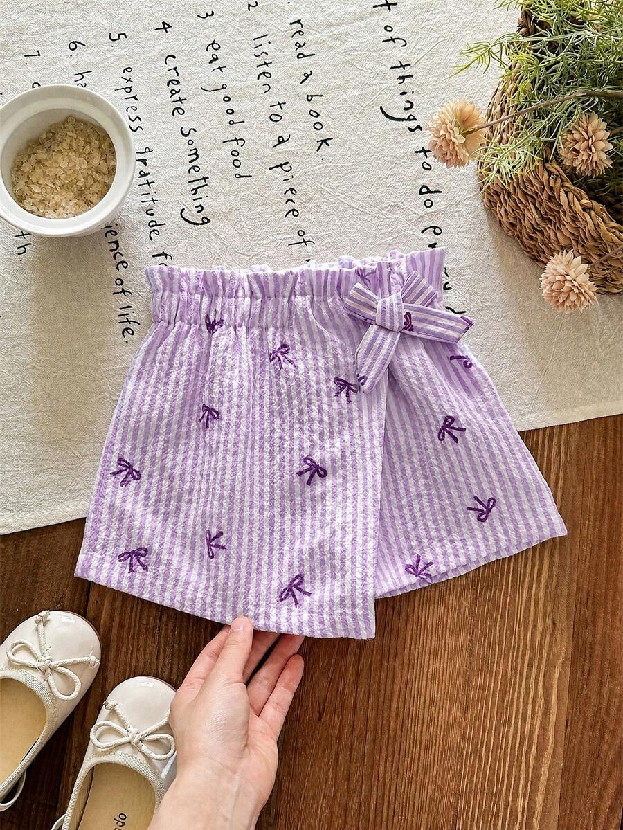 LMoss Kids Quần short xếp ly viền ren hoa sen cho bé gái, màu hồng nhạt, điểm nhấn nơ. - Màu tím - Xem 1